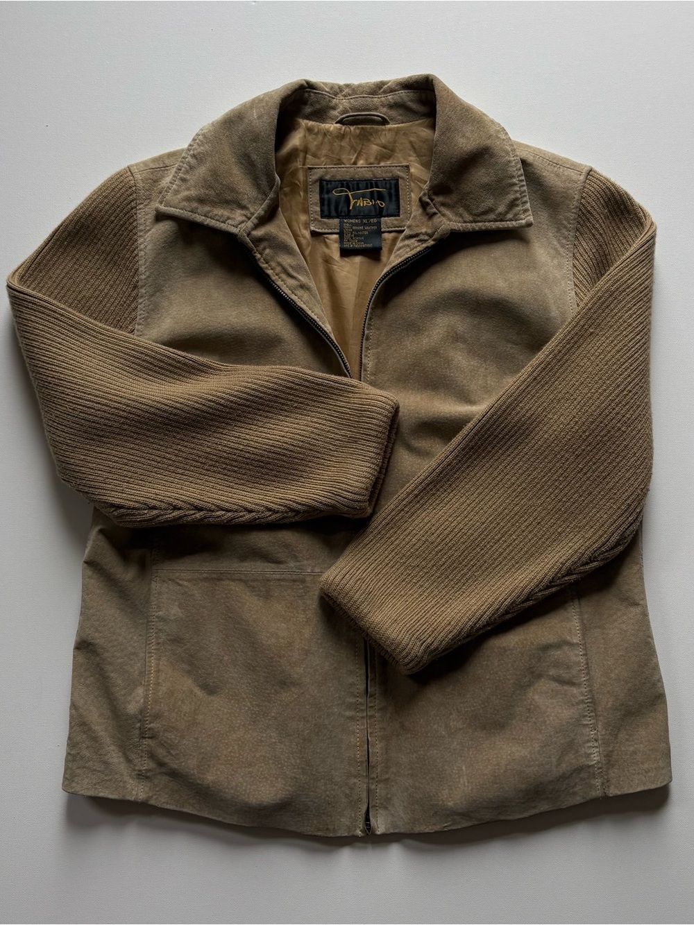 Fabio Suede Leather Jacket Vintage Womens XL Tan Chunky Ribbed Knit Sleeves